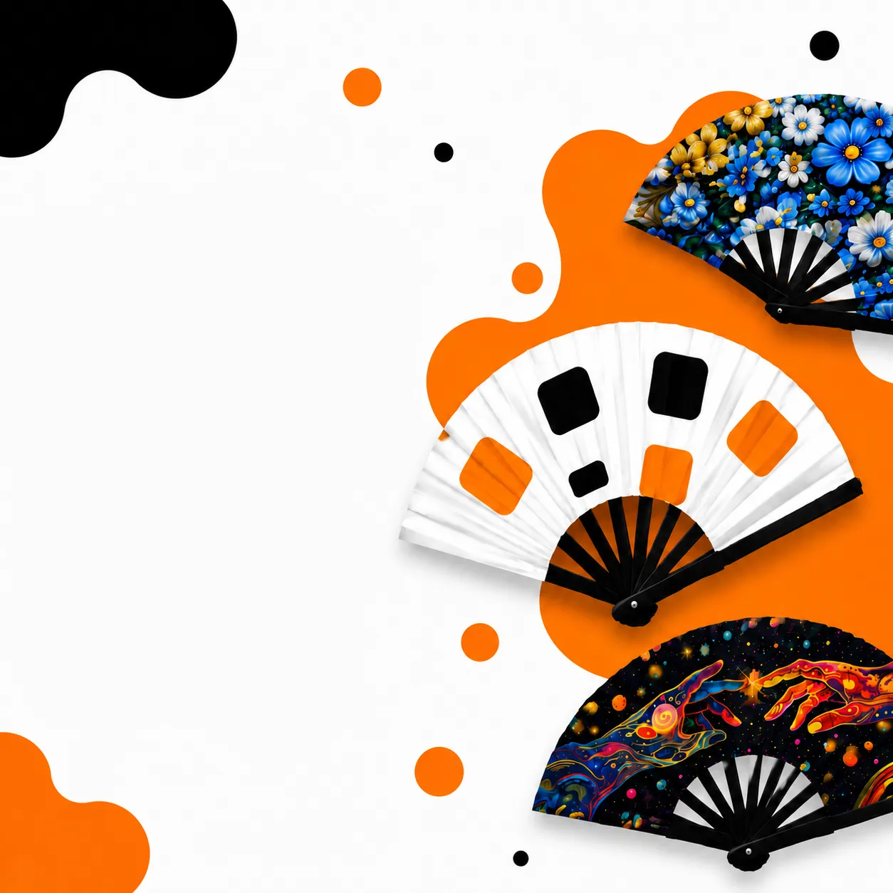 Tres abanicos de diseño con estampas propias listos para llevar — abanicos de diseño personalizados sin pedido mínimo — fantastic plastik.